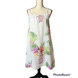Lungo L'arno Slip Dress in Linen with Tropical Print Green & Pink Size L…